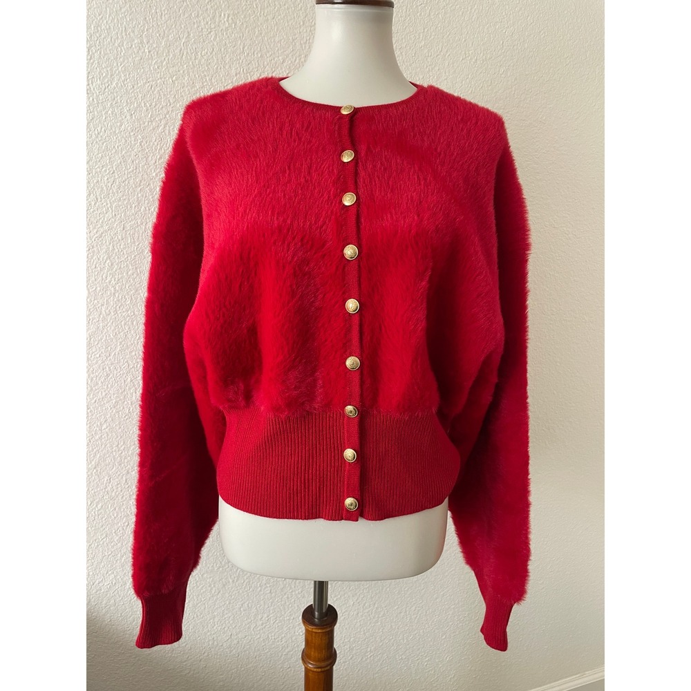 J.Crew Fitted-Waist Cardigan Sweater Women L Persian Red Fuzzy Quiet Luxury